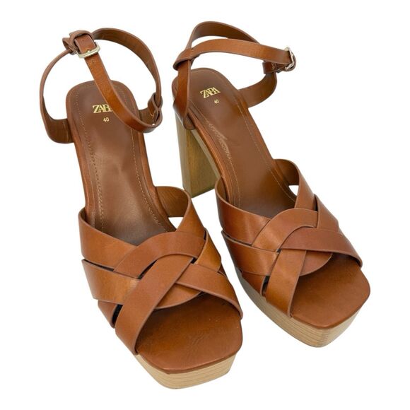 Zara Leather Platform retro chunky Strappy Wooden Heeled Sandals Size 40 - Picture 1 of 8